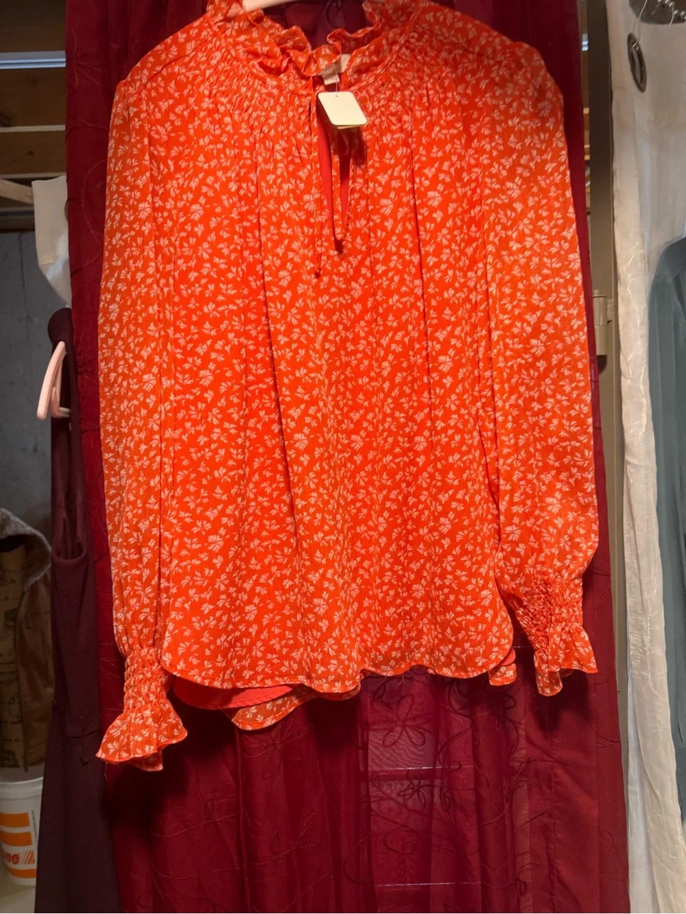 LOFT Bright Orange Floral Ruffle-Neck Blouse